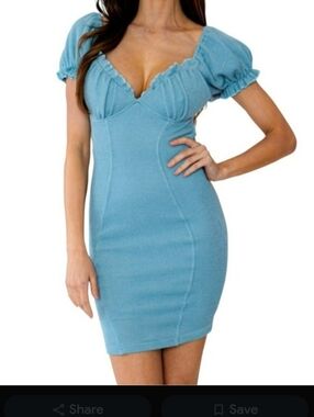 Light Blue Ribbed Puff-Sleeve Mini Dress with Sweetheart Neckline